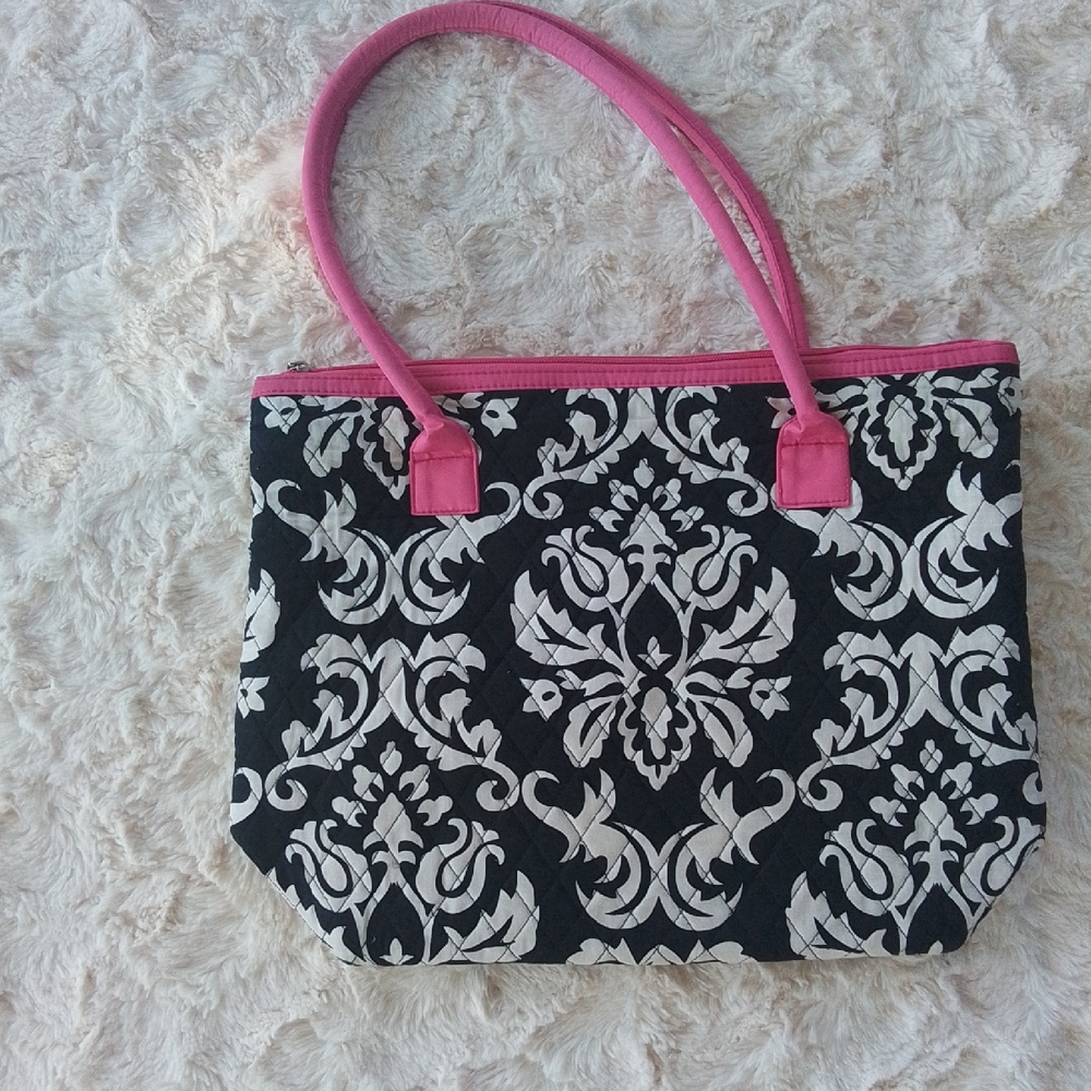 Belvah Black and White Tote with Pink Handles